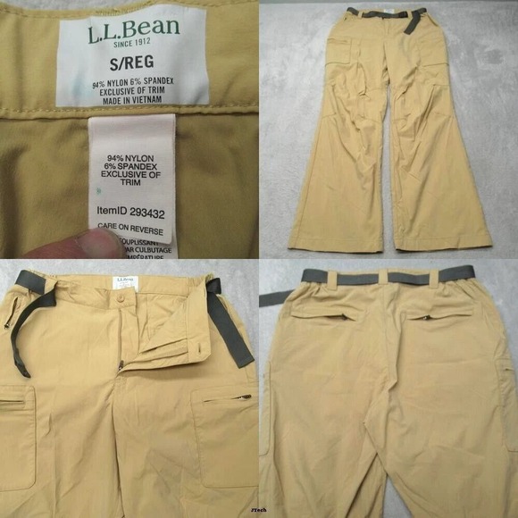 LL Bean Pants Mens 30x33 Tan Flex Waist Zip‎ Pockets Belted Cargo S Reg Nylon - Picture 1 of 15